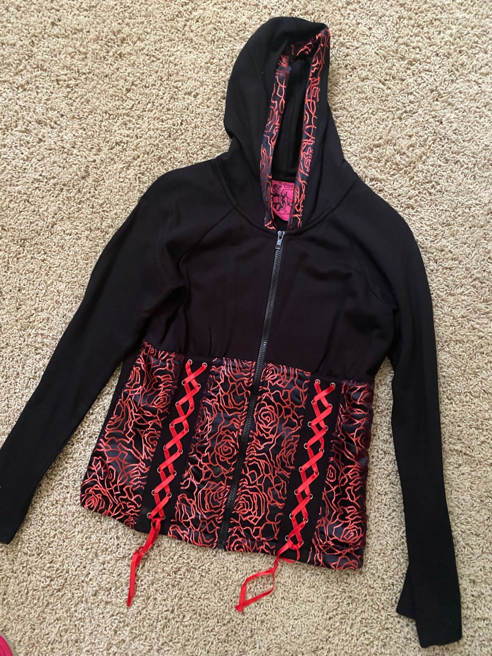 Tough Luv Clothing Black Hoodie with Corset Red Rose Pattern and Lace-Up Detail